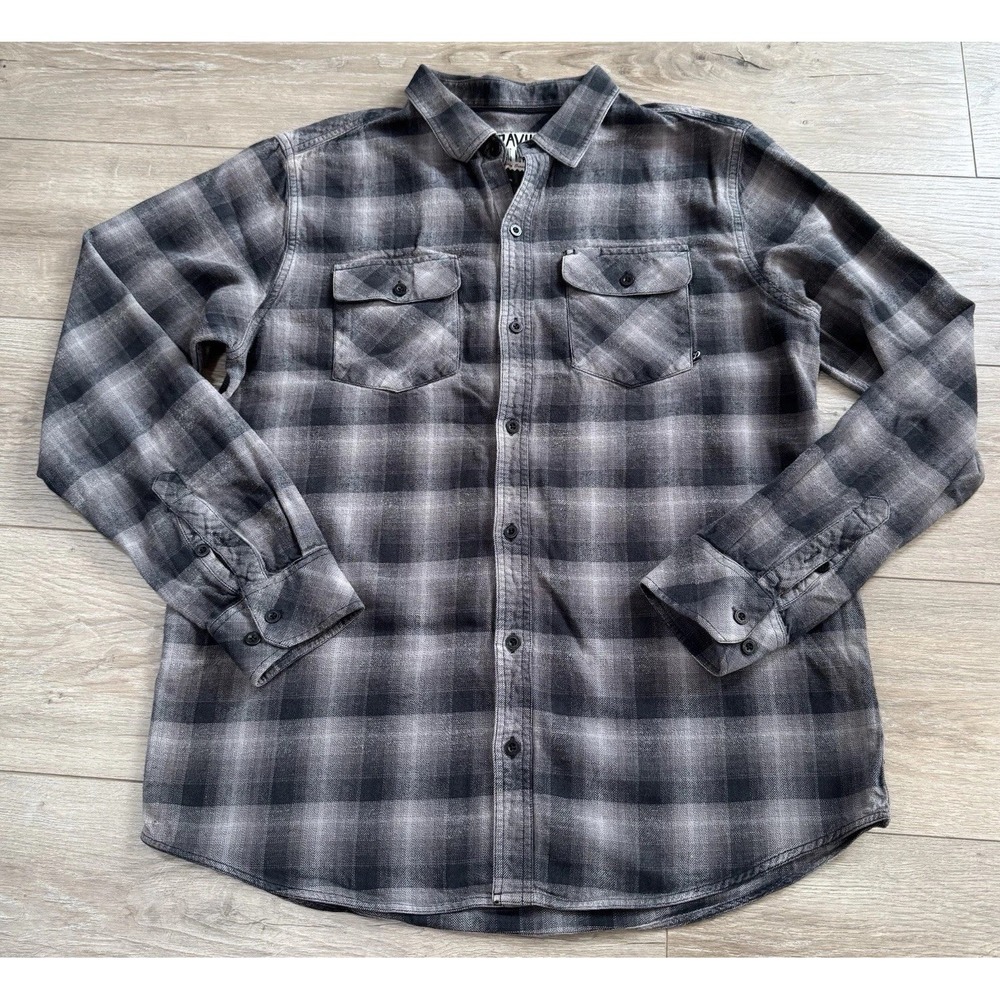 Dravus Mens Large Grey Black Ombre Plaid Flannel Button Down Shirt Cotton